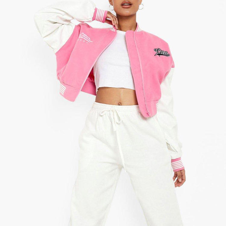 Wholesale Custom Women Blank Leather Sleeves Pink Wool Jacket Crop Varsity Jackets