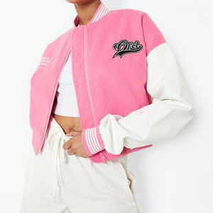 Wholesale Custom Women Blank Leather Sleeves Pink Wool Jacket Crop Varsity Jackets