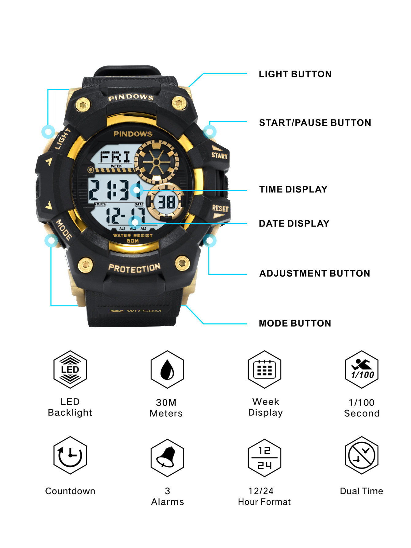 Pasnew Wholesale Luxury Japan Movement LED Display Chronograph More Time Sport Analog Digital Plastic Back Light Digital Watch