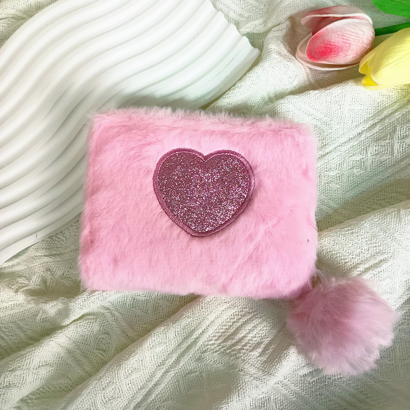 Promotion Gift RTS Heart Plush Coin Embroidered Pink Glitter Heart Purse mini pouch for Women girls Wallet Zipper Card Holder