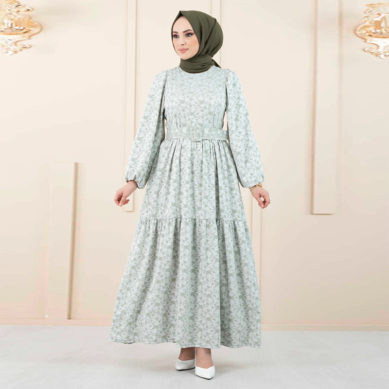 Custom manufacturers clothing islamic clothing dubai women floral pattern belt veiling abaya modest fashion abaya tunic dress