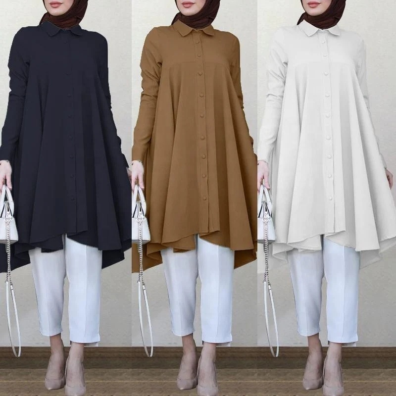 Turkish vintage asymmetrical women's autumn blouse custom female long sleeve muslim pleated turn down collar blouse