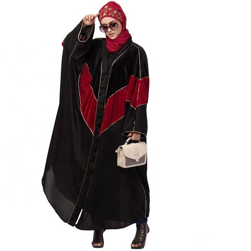 Ladies velvet contrast triangle front open abaya kaftan dubai solid color V-neck long sleeve muslim women abaya