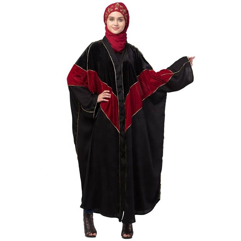 Ladies velvet contrast triangle front open abaya kaftan dubai solid color V-neck long sleeve muslim women abaya