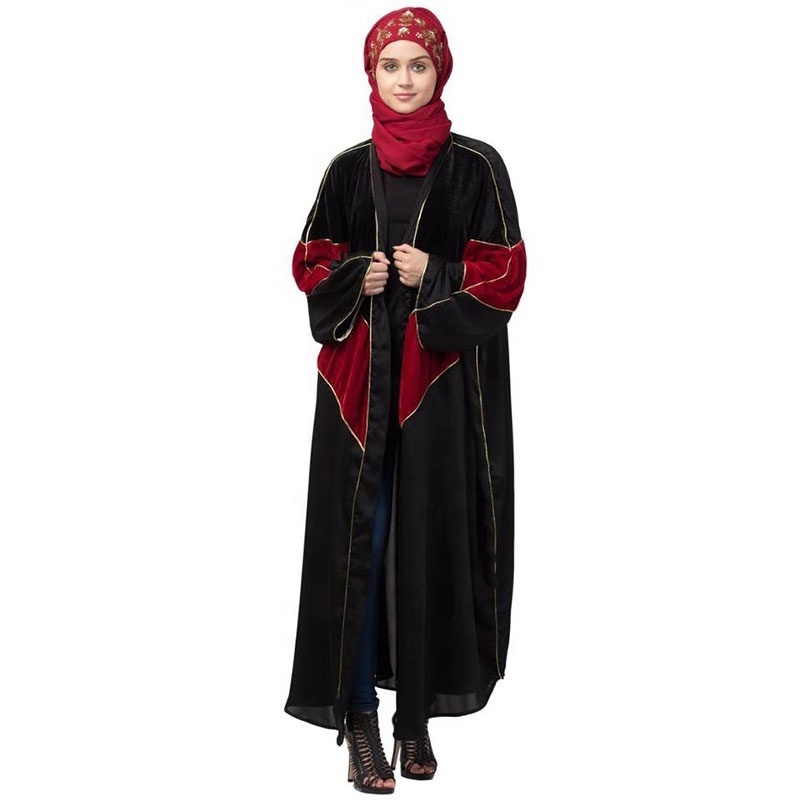 Ladies velvet contrast triangle front open abaya kaftan dubai solid color V-neck long sleeve muslim women abaya