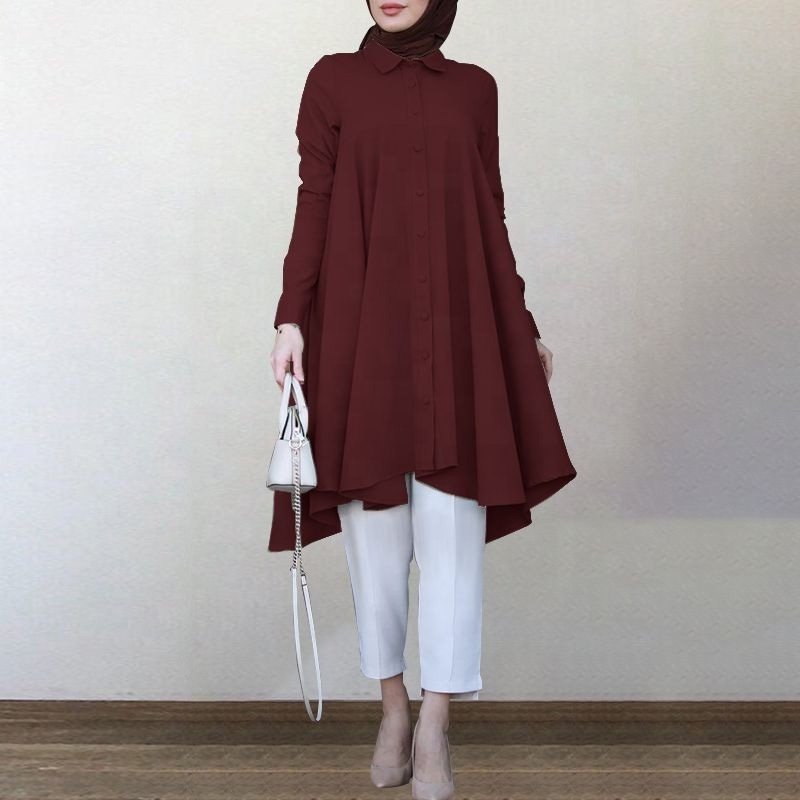 Turkish vintage asymmetrical women's autumn blouse custom female long sleeve muslim pleated turn down collar blouse