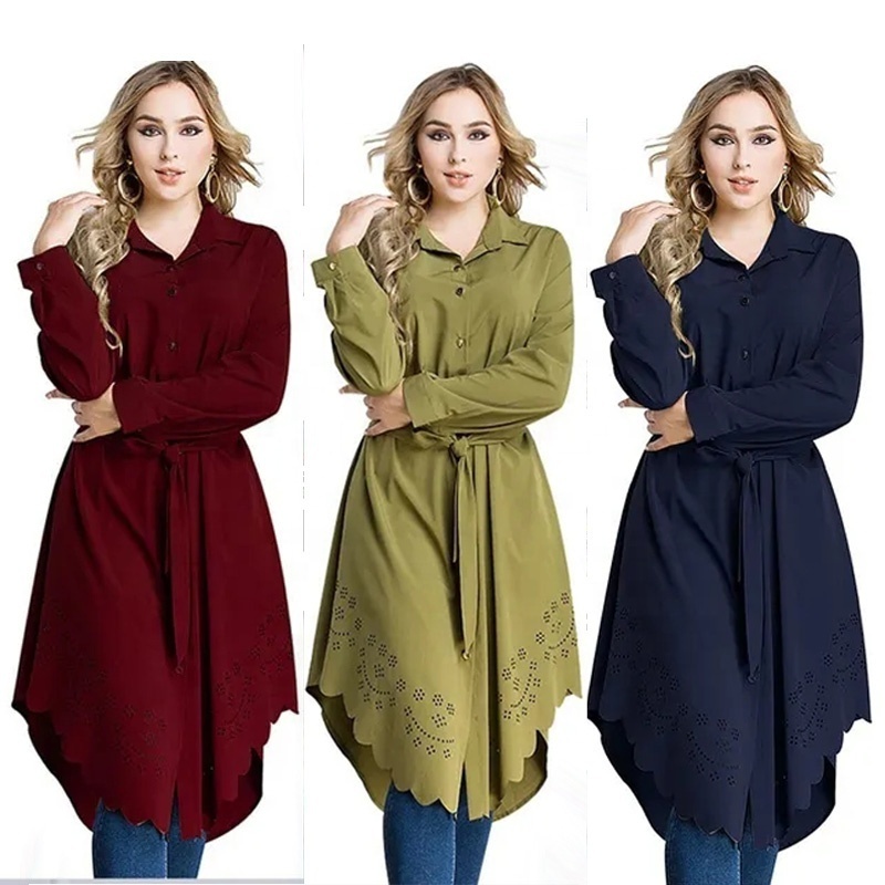 High quality malaysia islamic clothing solid color pleated women tops tunic muslim long sleeve cotton blouse