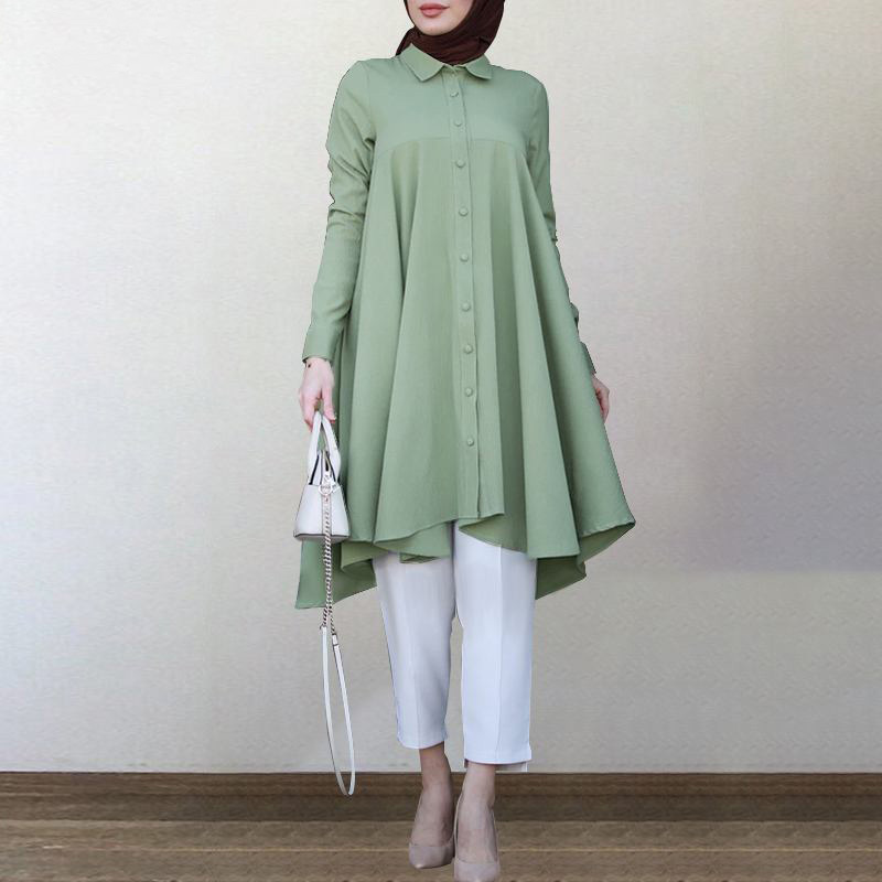 Turkish vintage asymmetrical women's autumn blouse custom female long sleeve muslim pleated turn down collar blouse