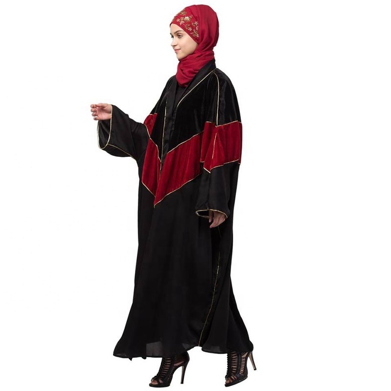 Ladies velvet contrast triangle front open abaya kaftan dubai solid color V-neck long sleeve muslim women abaya