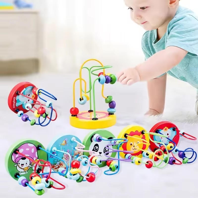 Montessori brightly colorful mini wire roller puzzle counting frames circle bead maze wooden educational toys for baby toddler