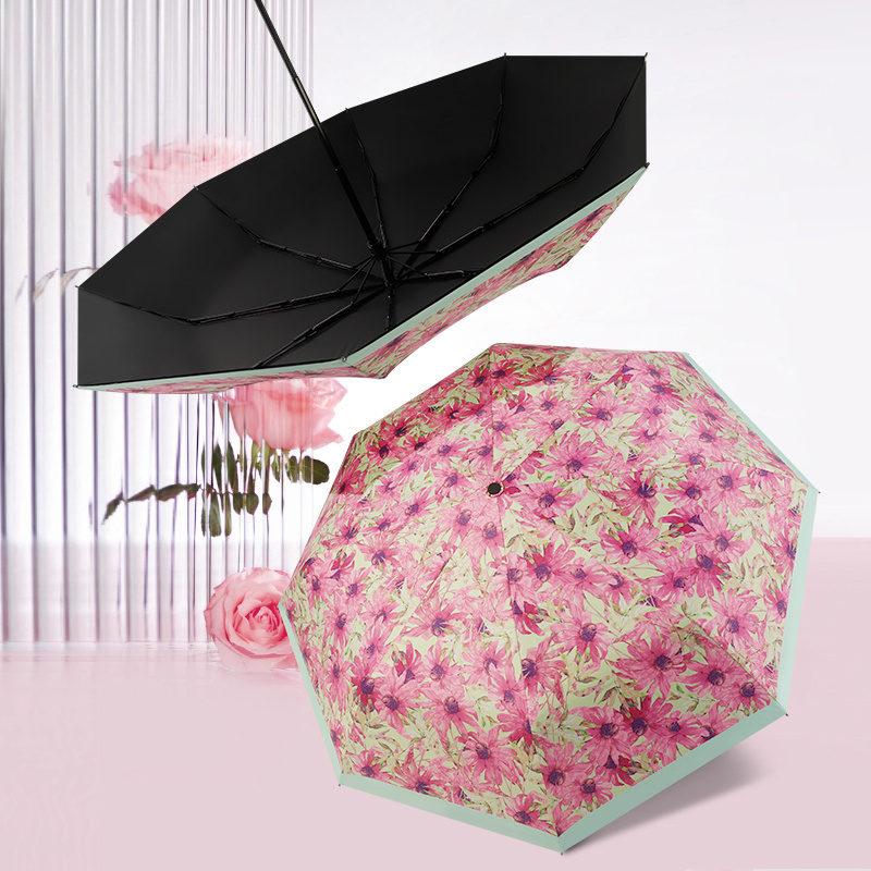 Luxury Custom Printing 3 Folding Umbrella Lady Portable Black Coating Sunshade Sun Umbrella Small Uv Umbrella For Women