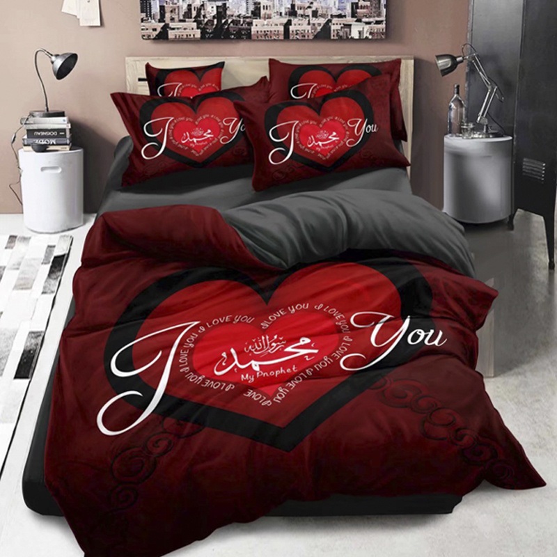 Winter Red Color 3D Duvet Cover Love Printing Bed Sheets Warm Bedsheet Fabric 100% Polyester Printed Bedding Set