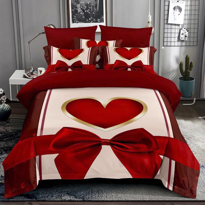 Winter Red Color 3D Duvet Cover Love Printing Bed Sheets Warm Bedsheet Fabric 100% Polyester Printed Bedding Set