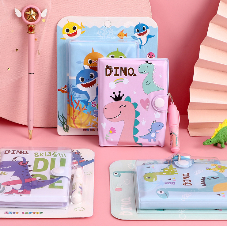 plastic cartoon cover mini notebook with ball point pen note book set for kids