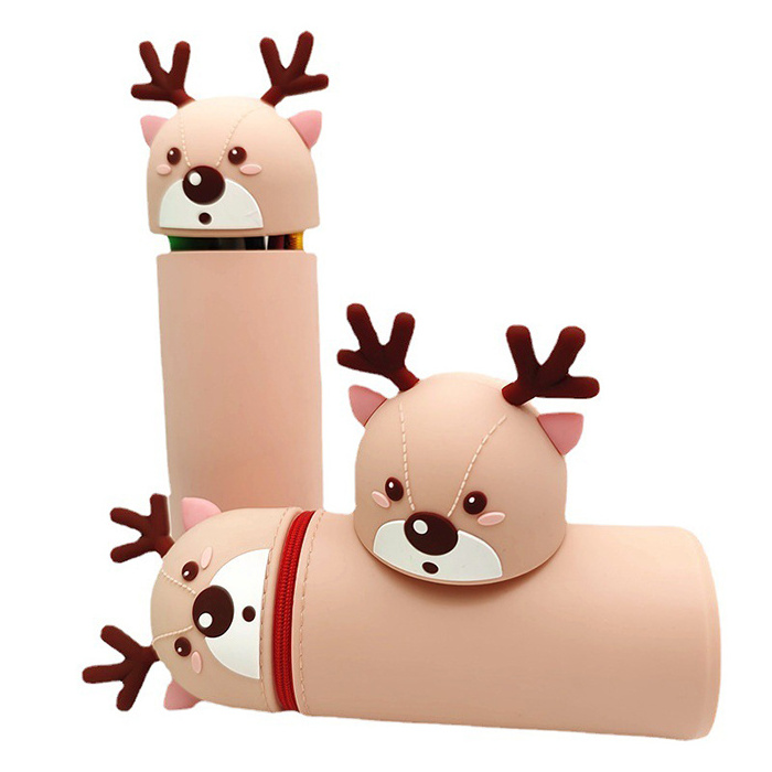 cartoon rabbit deer silicone zipper telescopic pen container pencil case