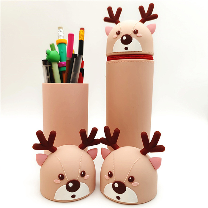 cartoon rabbit deer silicone zipper telescopic pen container pencil case