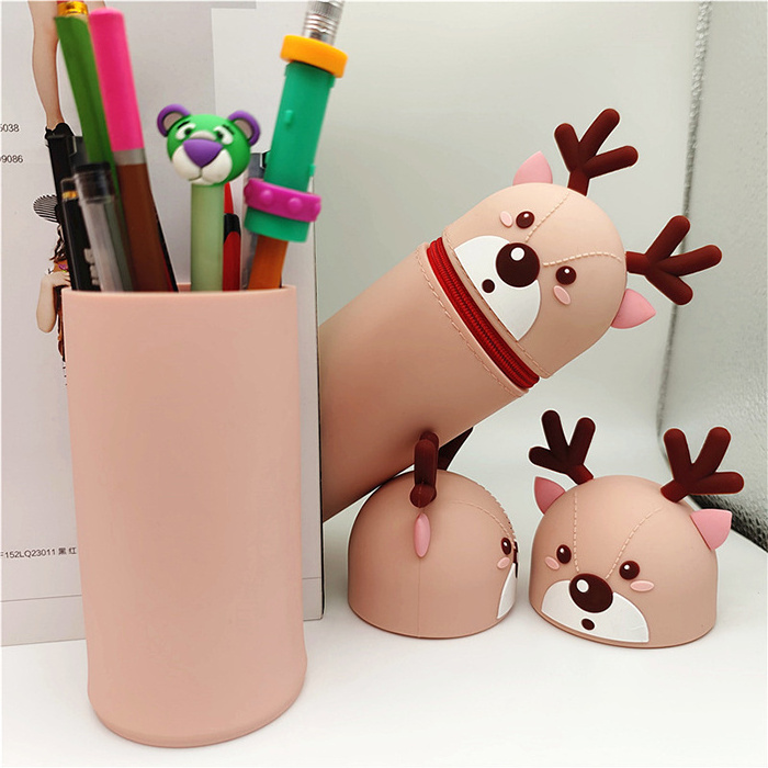 cartoon rabbit deer silicone zipper telescopic pen container pencil case