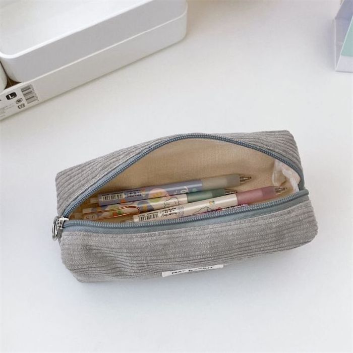 Korean Corduroy Pencil Pen Case Pouch Holder with Zipper Embroidery Woven Logo