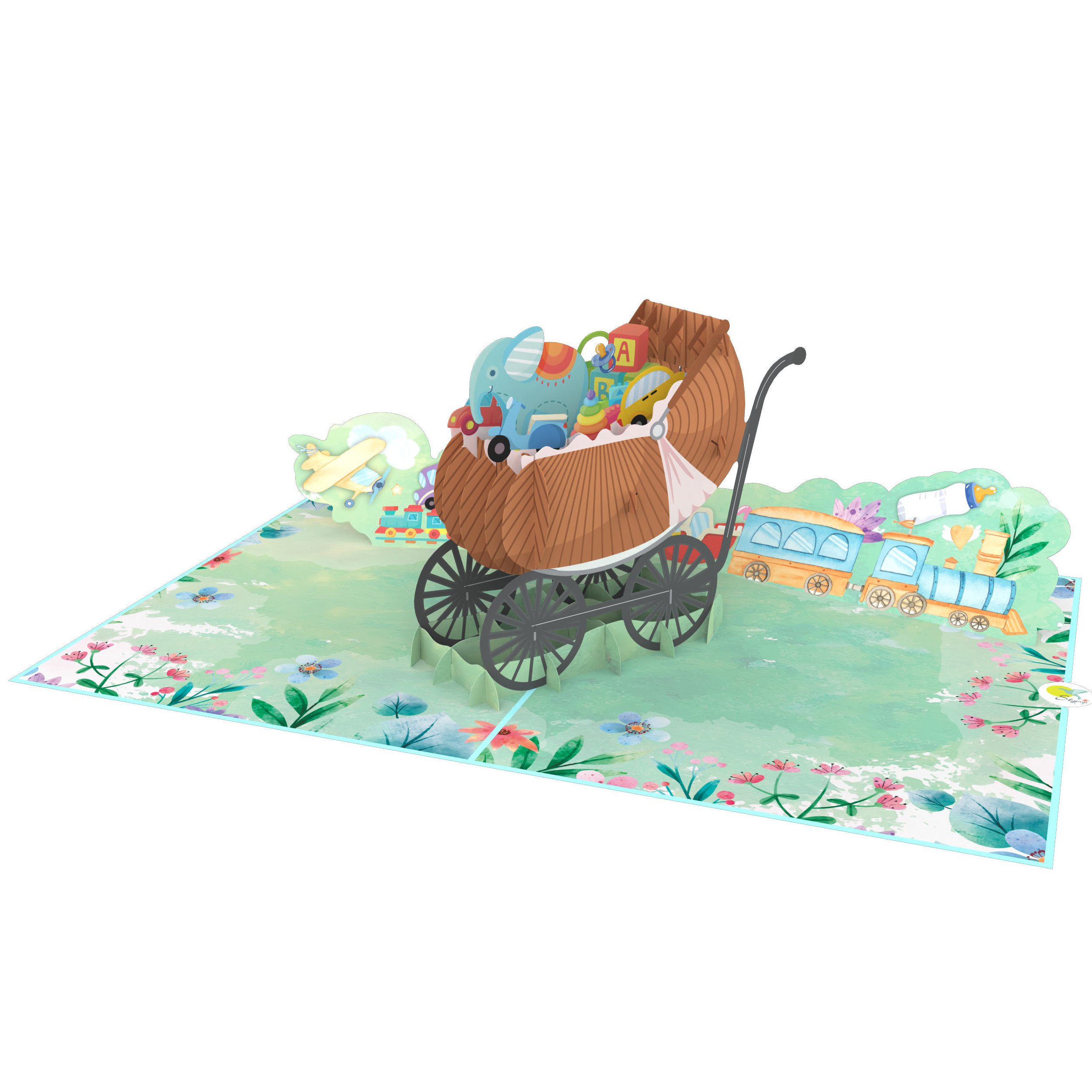 Cool Baby Boy Carriage 3D Pop Up Card Hot Sale Best Seller For Valentine Anniversary Birthday 3D Card Handmade Paper Laser