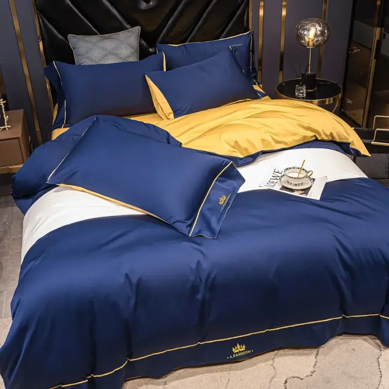 Wholesale satin 100% pure cotton satin solid color bedroom bedding set, 4-piece embroidered jacquard five-star hotel bed sheets