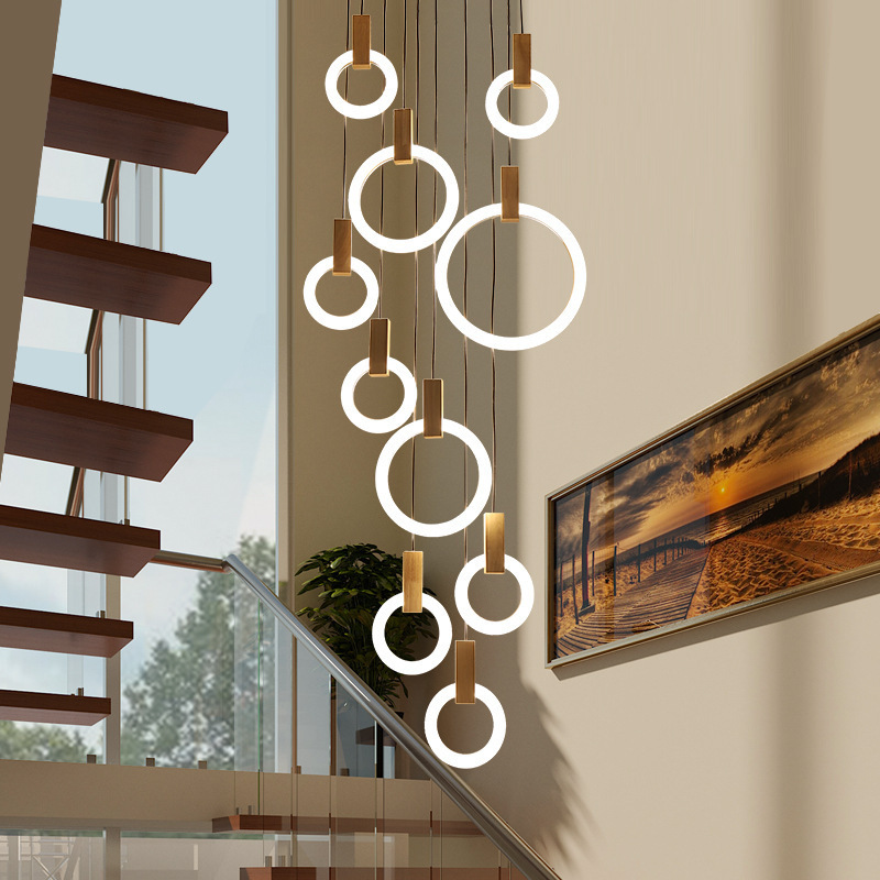 Modern Led Stair Chandelier Lighting acrylic Rings Fixtures Living Room Pendant Lighting Chandelier Wood