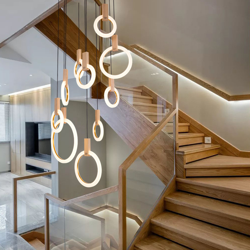 Modern Led Stair Chandelier Lighting acrylic Rings Fixtures Living Room Pendant Lighting Chandelier Wood