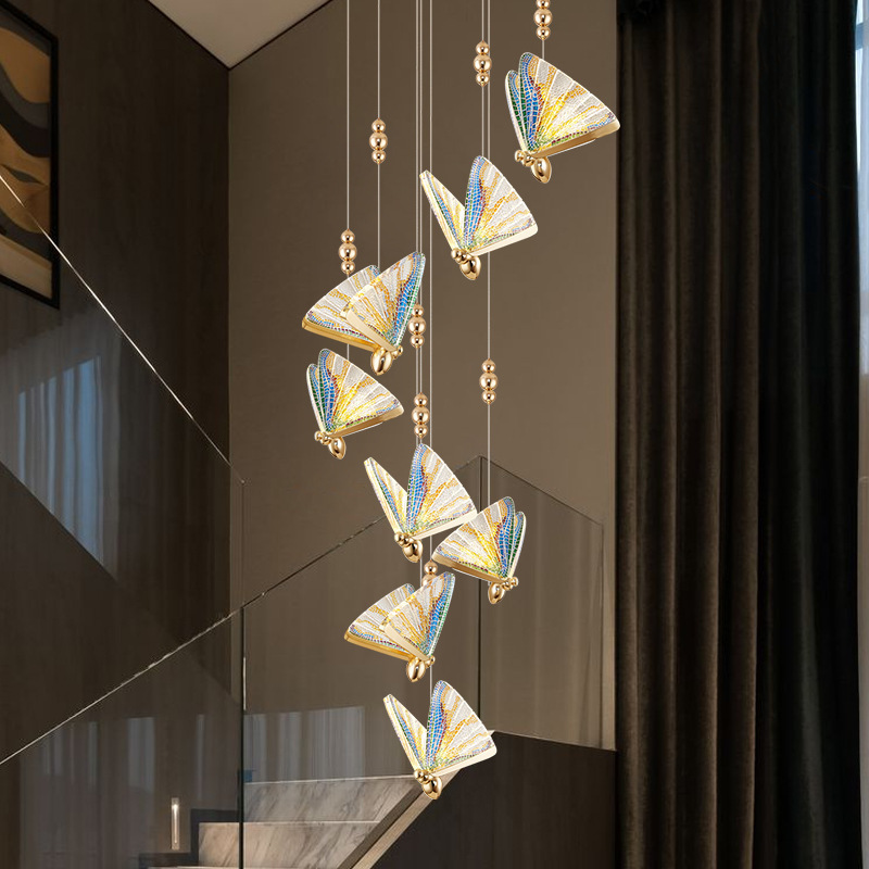 Hot sale hotel indoor decoration artistic hanging lamp modern led butterfly shape chandelier hall stair pendant light