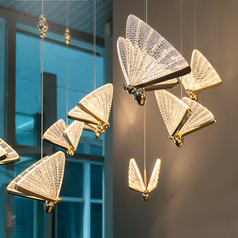 Hot sale hotel indoor decoration artistic hanging lamp modern led butterfly shape chandelier hall stair pendant light