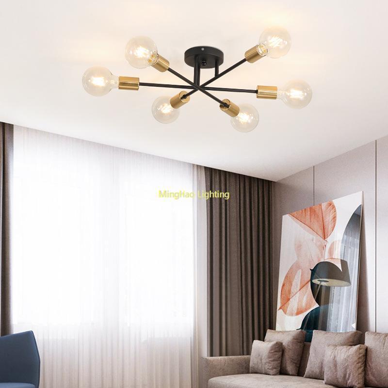 Dropshipping Modern Sputnik Chandelier Nordic Semi Flush Mount Ceiling Lamp Brushed Antique Gold Home Decor Lighting Fixture