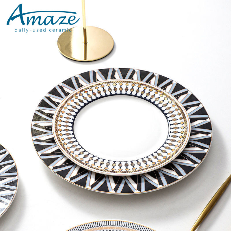 Wholesale decal printed gold rim round porcelain ceramic nordic dinner plates wedding plate set