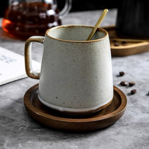 wholesale reactive glaze japan style vintage custom 360ml stoneware cup ceramic tea coffee mug with wood saucer