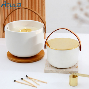 Wholesale custom matte white nordic style candle vessels home decorative ceramic candle jars with bamboo lid