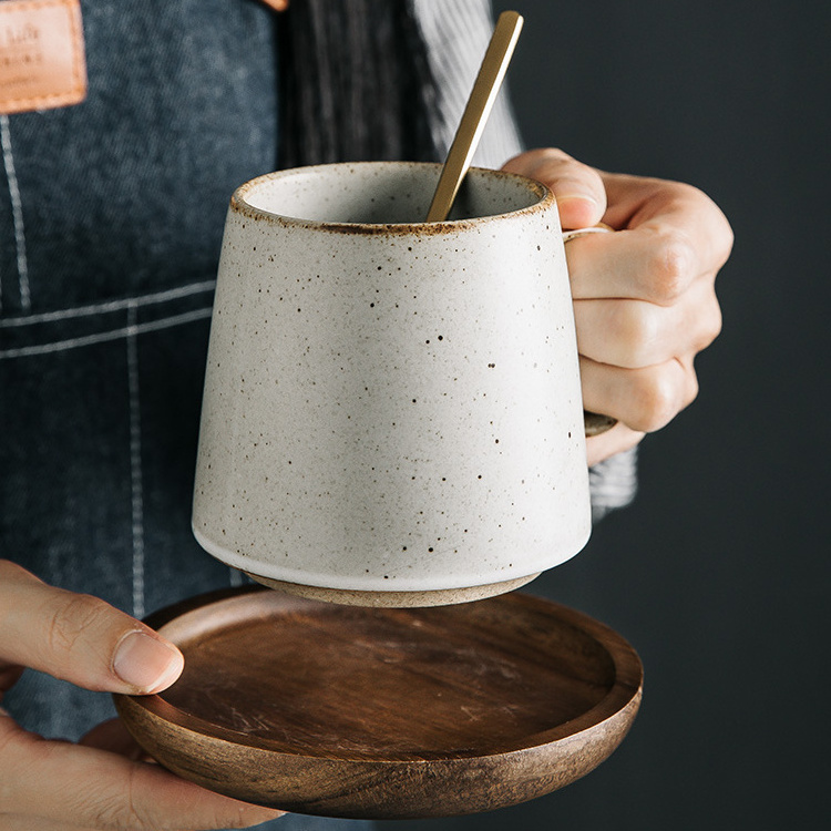 Vintage style reactive glaze fancy gift item tea cup sets cheap stoneware coffee mug ceramic cup with wood tray