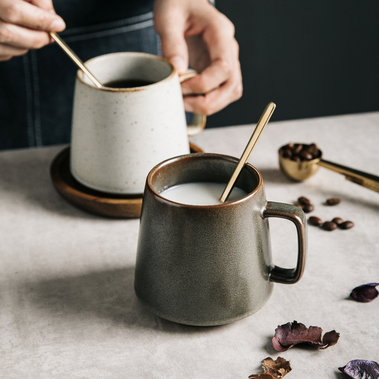 Vintage style reactive glaze fancy gift item tea cup sets cheap stoneware coffee mug ceramic cup with wood tray