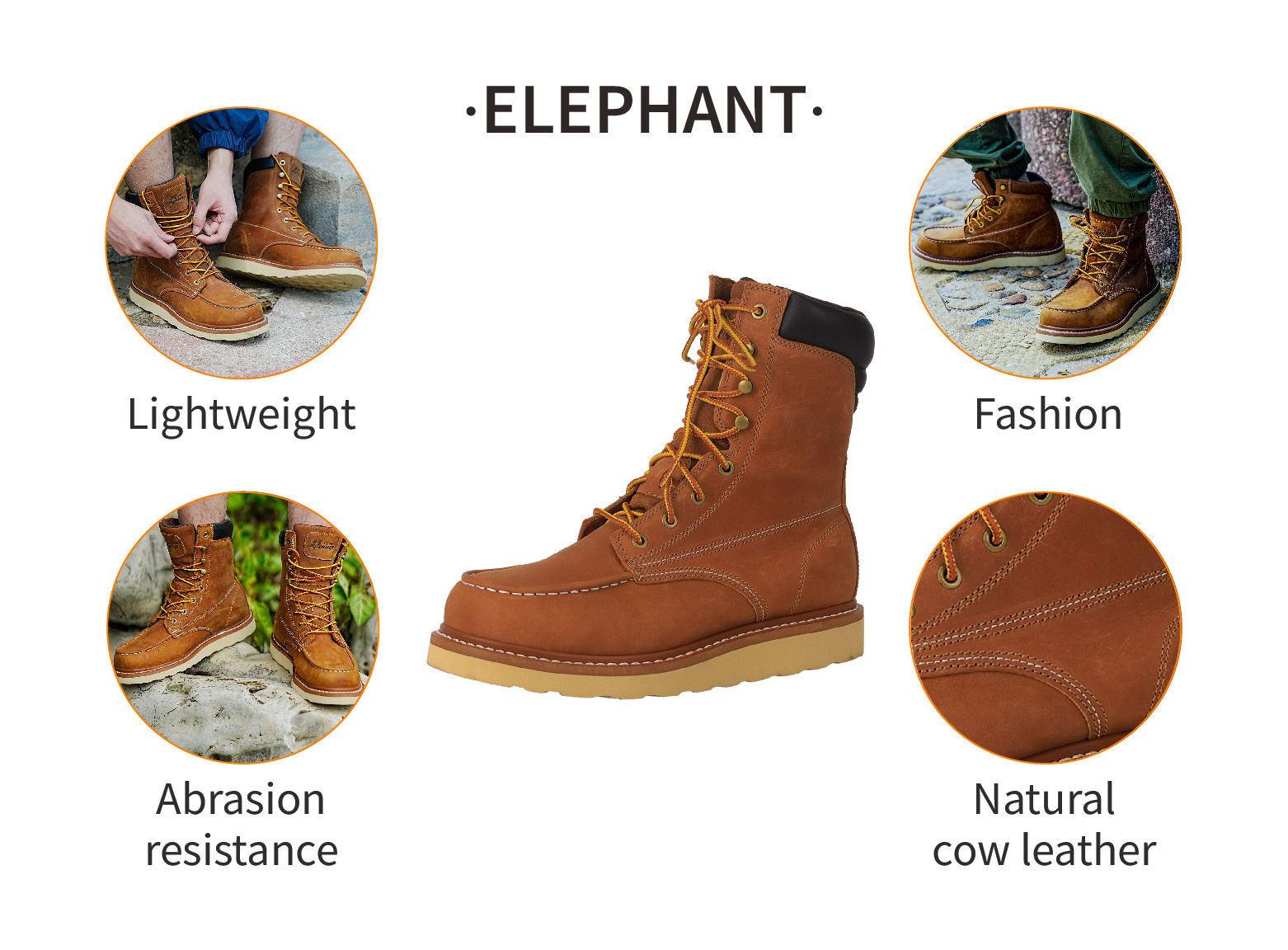 PINNIP Elephant 8-inches Natural Cow Leather Shoes  Lightweight  Martin Fashional Shoes  for Men