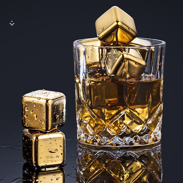 Gold square flashing pack of 4 stainless steel whiskey stone party ice cubes with PP box