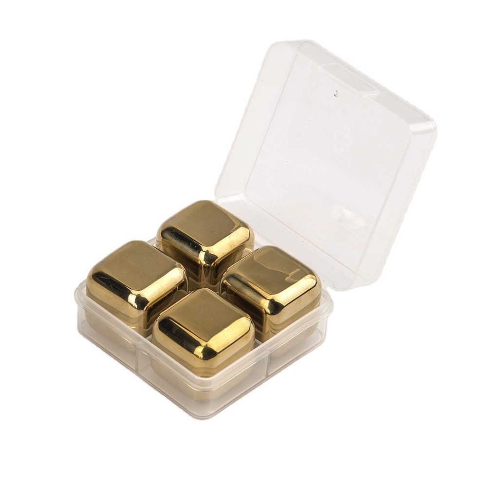 Gold square flashing pack of 4 stainless steel whiskey stone party ice cubes with PP box