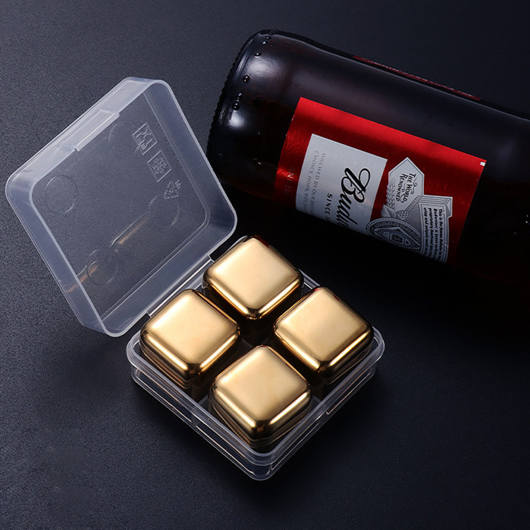 Gold square flashing pack of 4 stainless steel whiskey stone party ice cubes with PP box