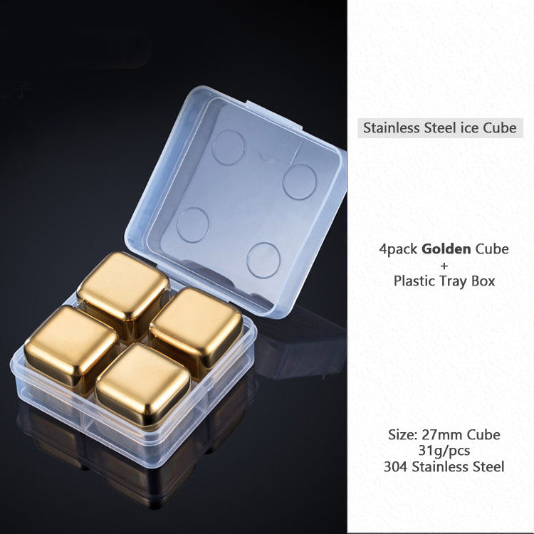 Gold square flashing pack of 4 stainless steel whiskey stone party ice cubes with PP box