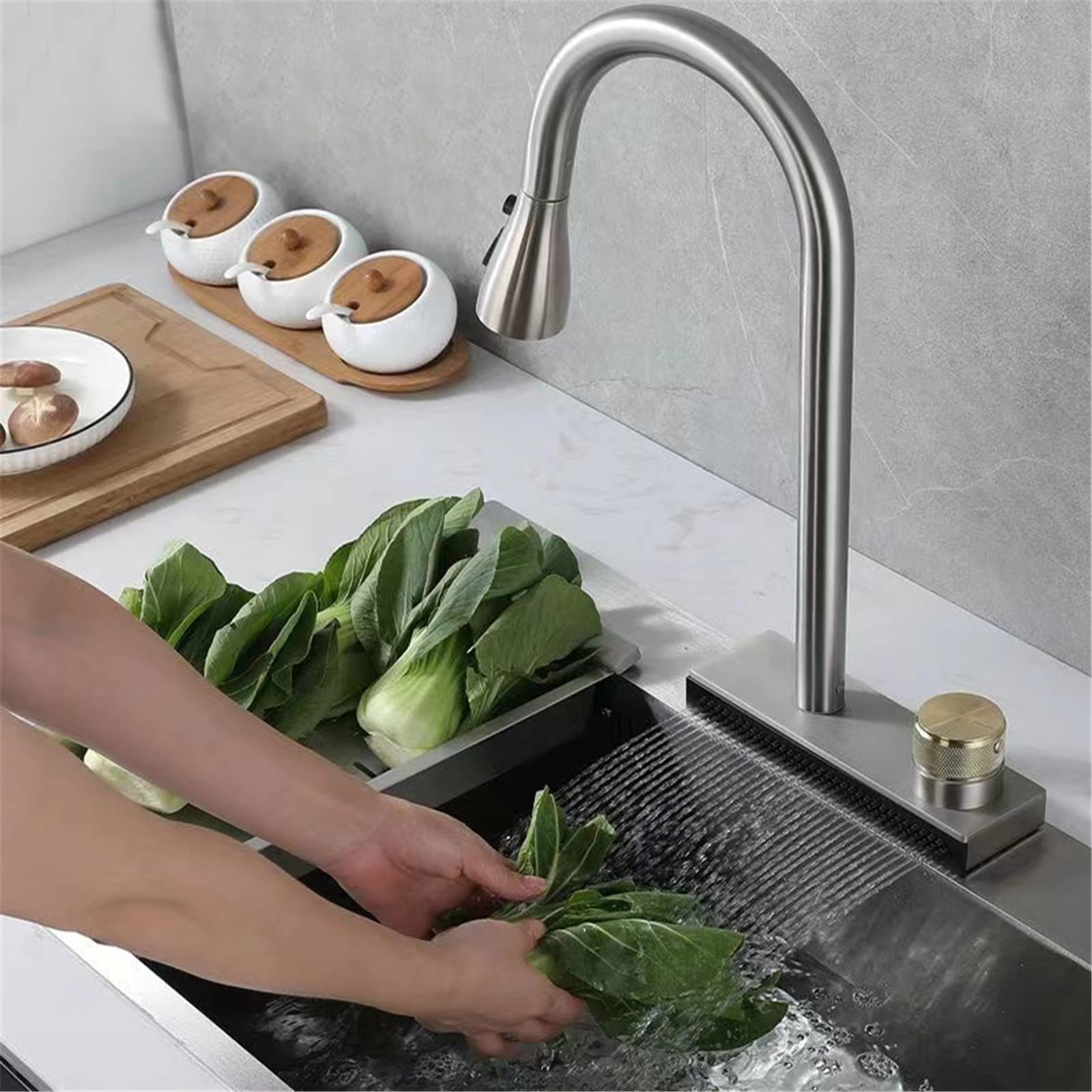 Stainless Steel Brushed Nickel Waterfall Hot Cold Water Farmhouse Commercial Bar Sin Kitchen Faucets With Pull Down Sprayer