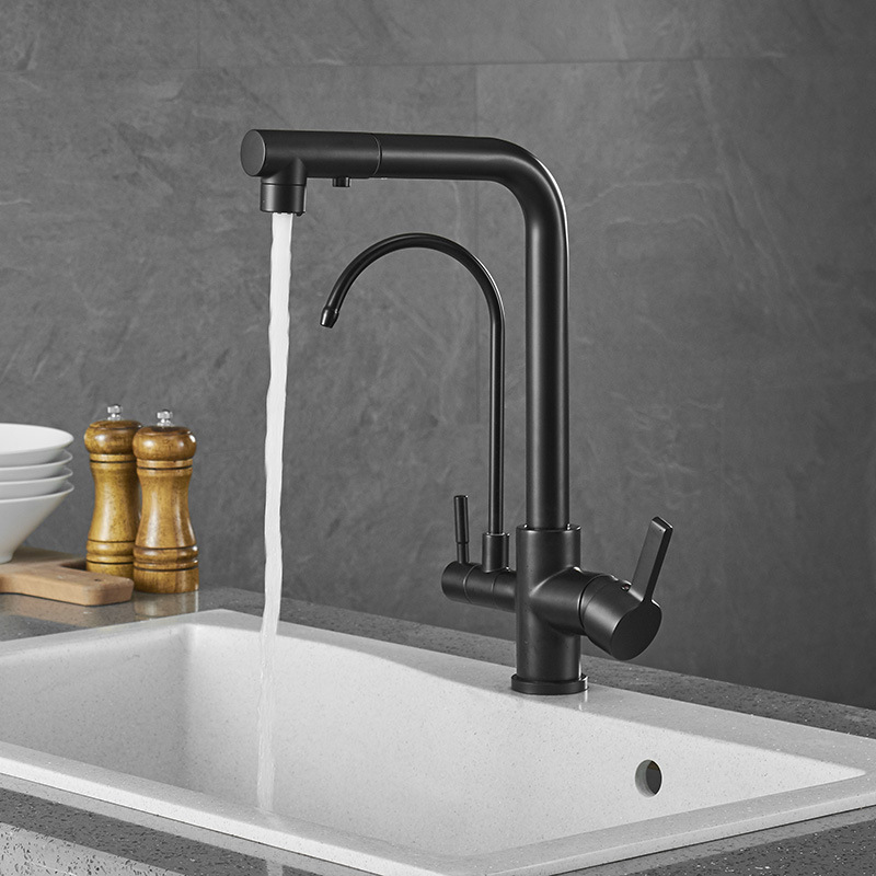 High Quality Brass 3 Way Matte Black Deck Mount Double Spouts Kitchen Sink Drinking Faucet with Spray