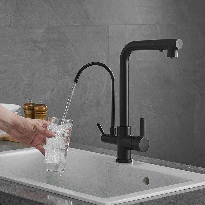 High Quality Brass 3 Way Matte Black Deck Mount Double Spouts Kitchen Sink Drinking Faucet with Spray