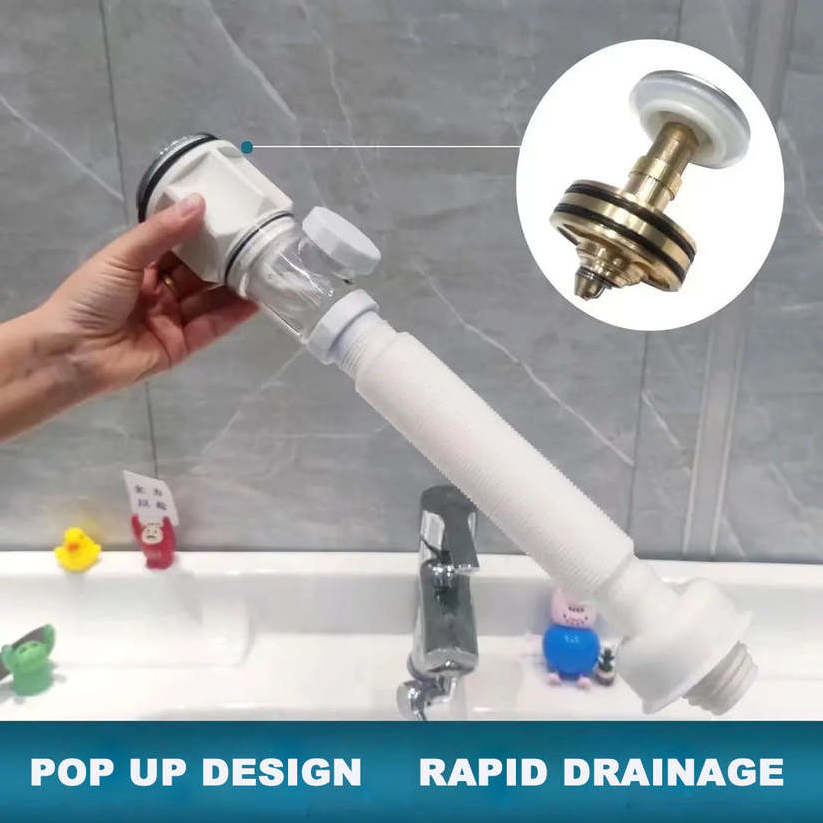 Innovative Bathroom Sink Drain Kit, with Flexible & Expandable P-Trap Sink Drain Pipe Tube, Built-in Anti-clogging Stopper Pop U