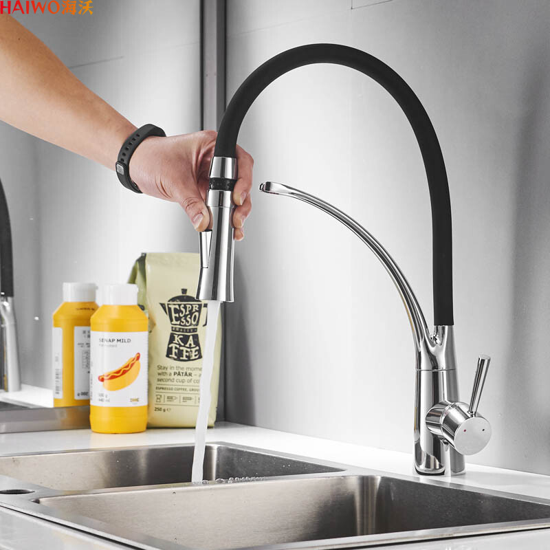 Luxury Modern sanitary ware long neck flexible hose pull Down spray brass kitchen sink faucet grifo moderno