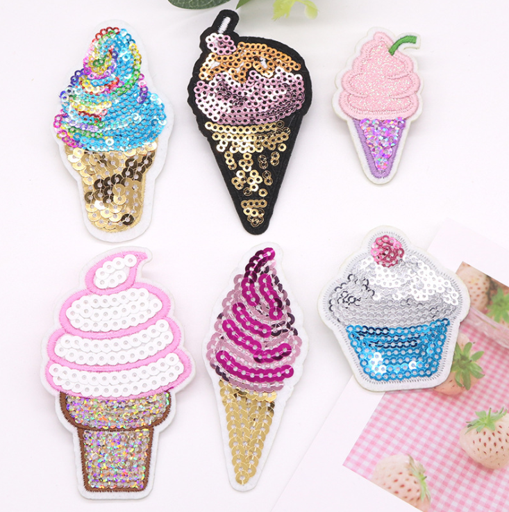 Wholesale ICE CREAMS  Iron-on Embroidery Patch with sequins