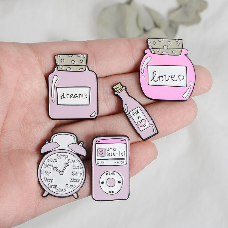 Different Styles Pink Cute Jar Alarm Clock with Funny Words Enamel Pin