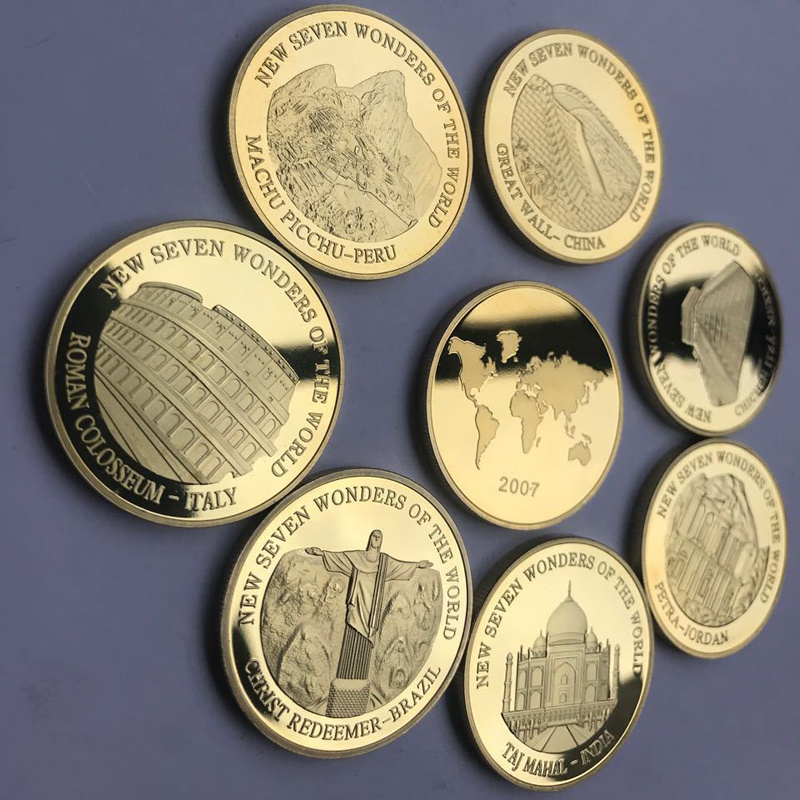 Factory Making Cheap High Quality SEVEN WORLD WONDERS Souvenir Gold Plated Coin