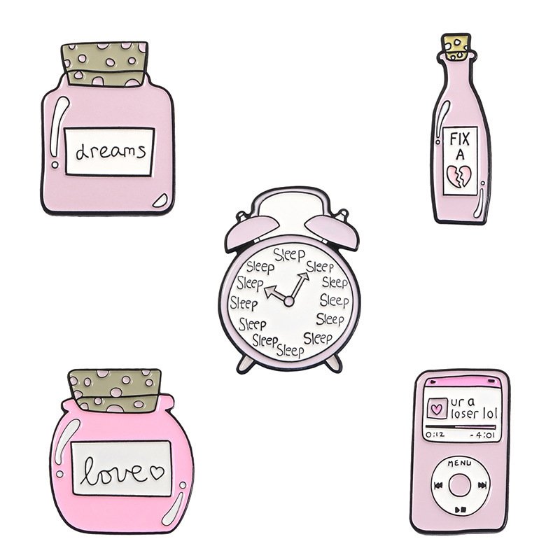 Different Styles Pink Cute Jar Alarm Clock with Funny Words Enamel Pin