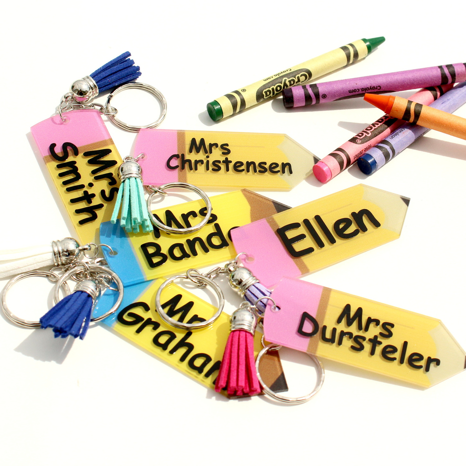 Wholesale Personalized Teacher Keychain Gift Plastic Keychains transparent acrylic pencil keychain with tassel