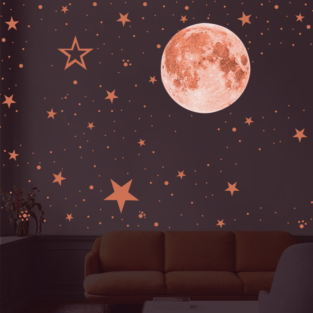 China factory sticker custom wall decoration adhesive luminous stickers set 3D moon stars PVC wall stickers